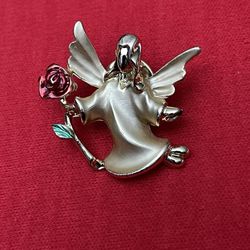 Vintage Angel Pin W/Red Rose