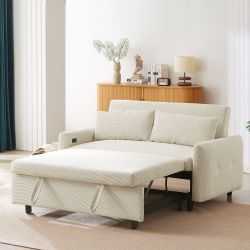 57.48 Pull-out Sofa Bed Convertible Couch 2 Seat Loveseat Sofa Modern Sleeper Sofa with Two Throw Pillows and USB Ports for Living Room, Beige(Old Sku