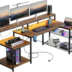 N199-71.5 inch Computer Desk with Power Outlets, LED Large Home Office Desk with Monitor Stand, L Shaped Corner Desk with Printer Stand Adjustable She