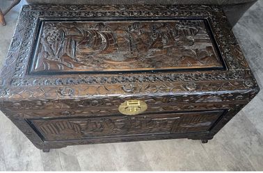 Set of 3 Antique Hand-Carved Wooden Storage Chest, Dark Brown or