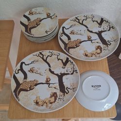 Vintage Rainier Fine China by Toscany, 9 bread and butter or dessert plates & 2 Dinner Safari Plates  10" Jaguars and lions theme Japan 1980s 