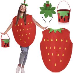 3 Pieces Halloween Strawberry Costume Strawberry Poncho Outfits Costume for Women with Strawberry Headband Strawberry Hand Basket Funny Fruit Costume 