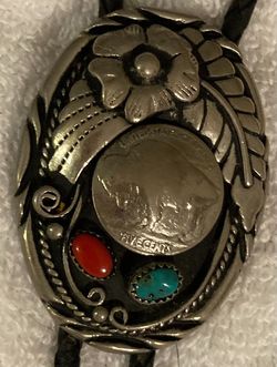 Vintage Metal Bolo Tie, Nice Silver and Red and Blue Turquoise Stones Design, Buffalo Nickel, Native, Nice Western Design, 2 1/4" x 1 3/4", Quality, H