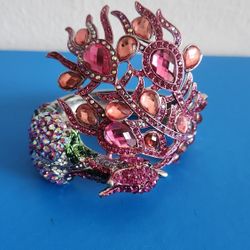 Large Shades of Pink Multicolor Rhinestone Couture Peacock Bird Cuff Bracelet