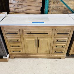 54” Bathroom Vanity in teak , single sink soft close solid wood with vanity top in white  $849 
