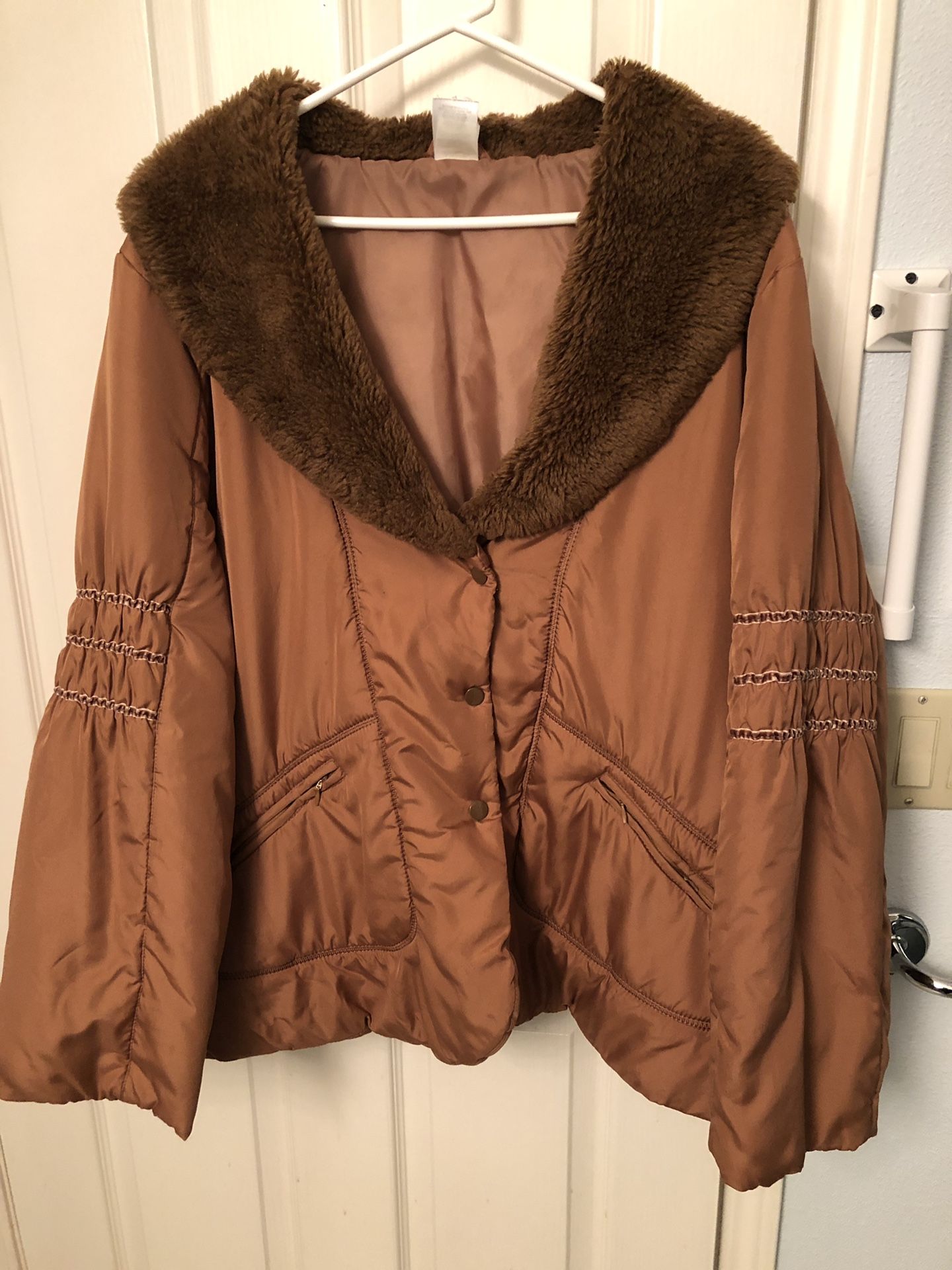 Brown nylon jacket with faux fur