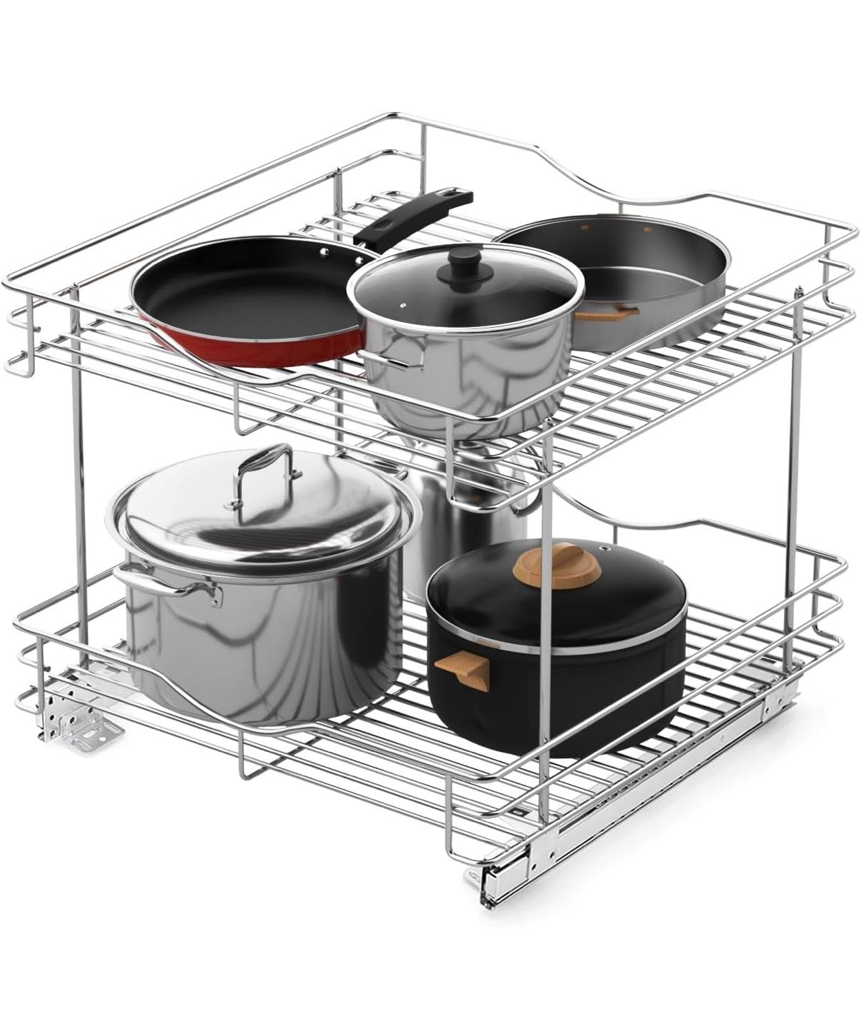 2 Tier (17" W X 18" D) Pull Out Drawer Cabinet Organizer Heavy Duty FULGENTE Chrome Finish New