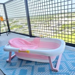 New Pink Baby To Toddler Foldable Collapsible Tub With Thermometer 
