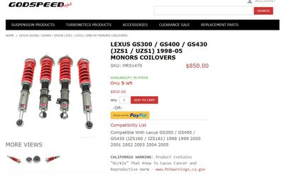(Open Box) Godspeed MRS1470 MonoRS Damper Lowering Coilovers Kit Strut Shock Spring Suspension For Lexus GS300 / GS400 / GS430 (JZS1 / UZS1) 1998-05