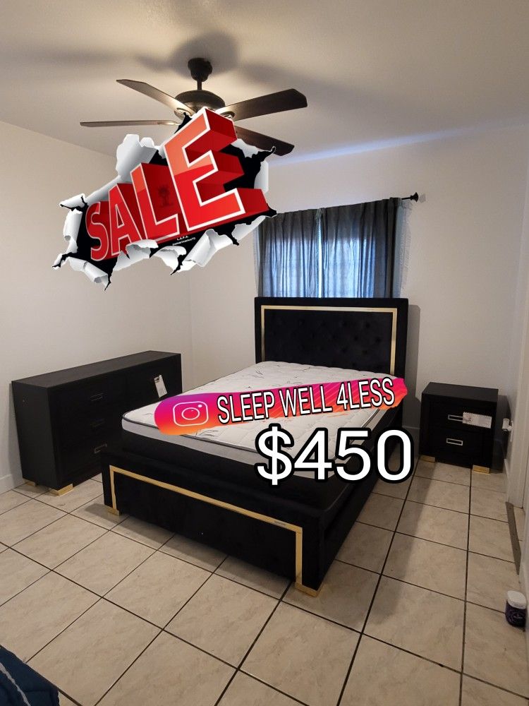 NEW BED FRAME QUEEN COMES IN BOX EURO PILLOW TOP BAMBOO MATTRESS AND BOX SPRING INCLUDED SAME DAY DELIVER OR PICK UP 