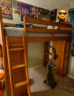Wood loft bed, desk, shelf & dresser (set)