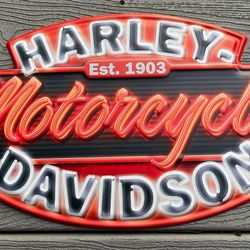 HARLEY DAVIDSON MOTORCYCLES NEON AFFECT EMBOSSED METAL SIGN 