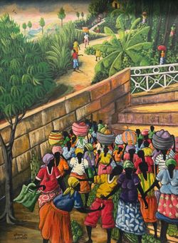 Classic 97 Haitian Naive Folk Art Oil On Canvas Painting By Charles Lucien