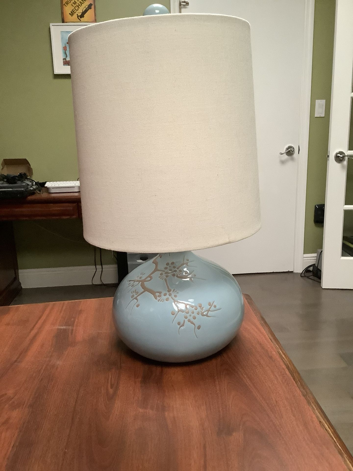 Household Items: Lamp, Tabletop Glass, Deadbolt, Corner Shelf