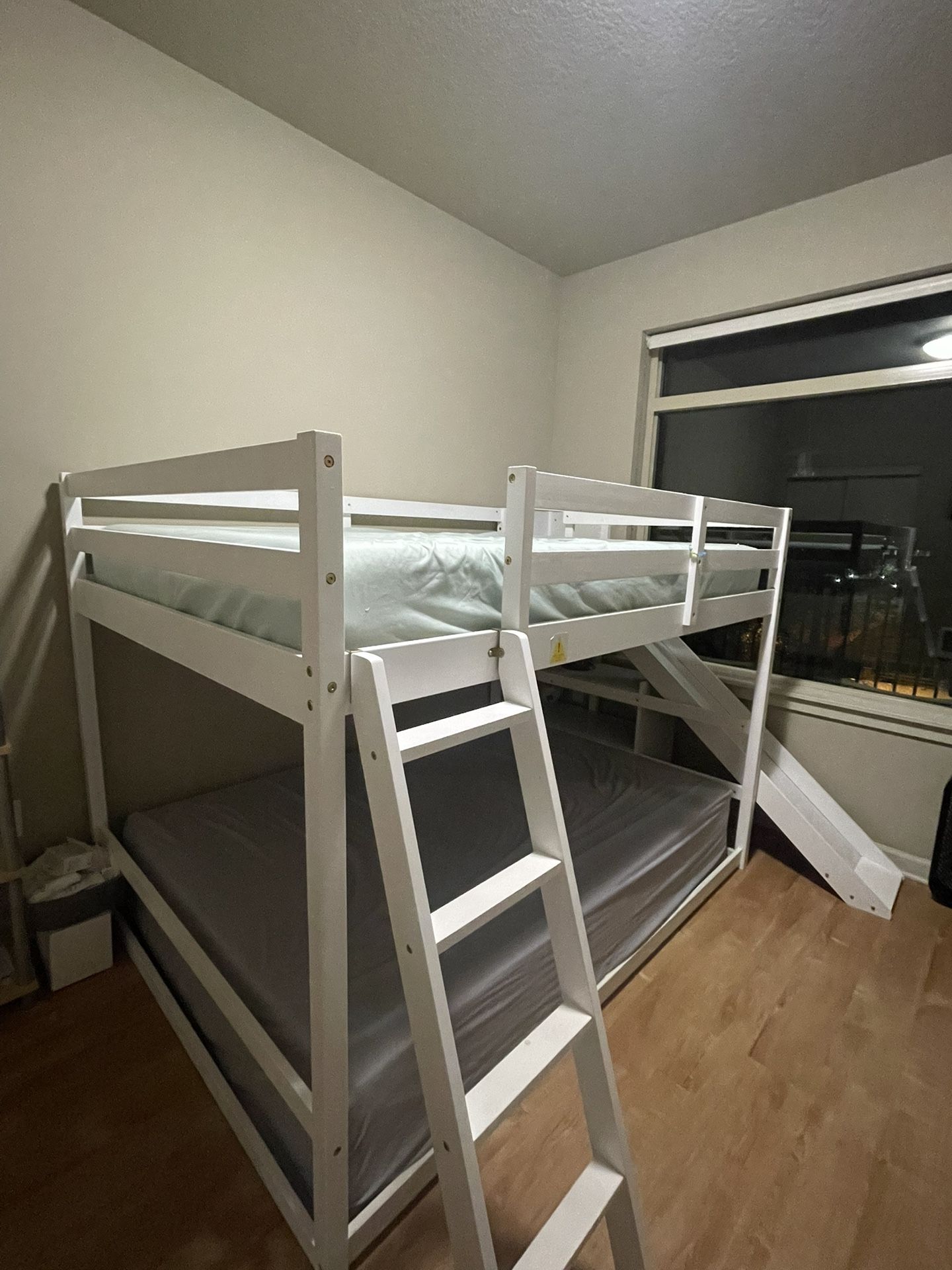White Bunk Bed w/ Slide, Ladder, Storage Shelves