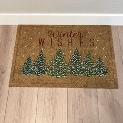 36x24 “Winter Wishes” and Trees Natural Coir Christmas Outdoor Doormat- Front Door Holiday Rug