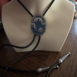 Vintage Alpaca Mexico Sterling & Inlaid Turquoise Bolo w/ Leather Tie  