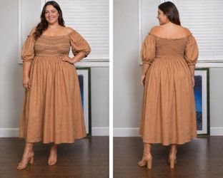 Old Navy Women's Brown Solid Midi Dress Puff Sleeve Smocked Square Neck 2X
