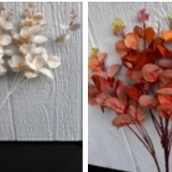 artificial eucalyptus stems in white and orange/red
