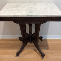 Marble Topped Rolling Wood Parlor Table