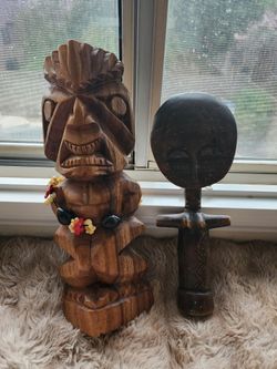 Carved Wood Tiki and Tribal Figure Set