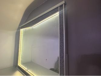 Gray light-up by touch sensored queen sized Bed, with two nightstands, a vanity with light-up touch sensors, comes with its box for free with purchase