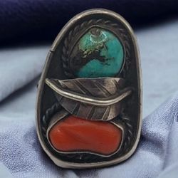 Vintage Sterling, Turquoise and Coral Ring Size 5.5