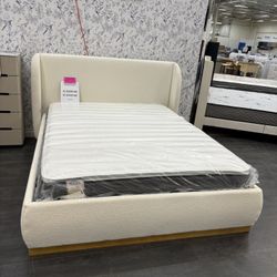 New In Box White Fabric Queen Bedframe With Solid Wood Base 