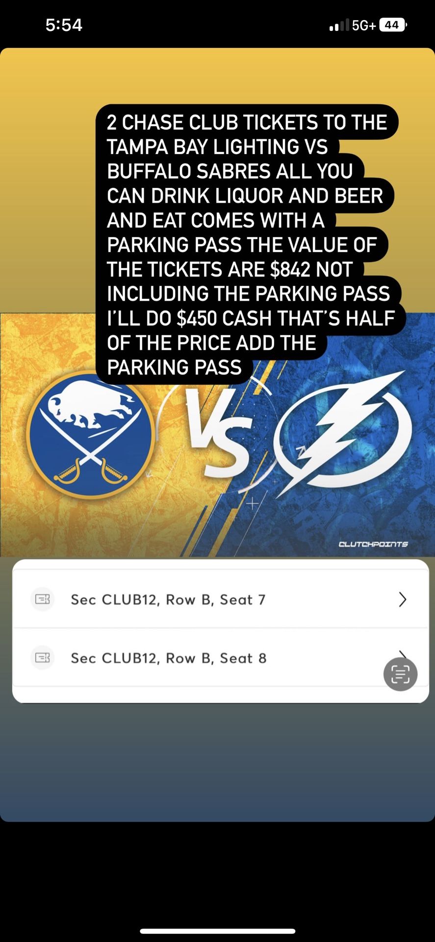 Tampa Bay Lighting Vs Buffalo Sabres $400