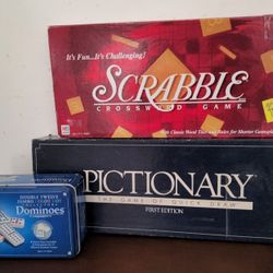 Assorted Games Each $5.  Scrabble Board Game, Pictionary & My Favorite DOMINOES