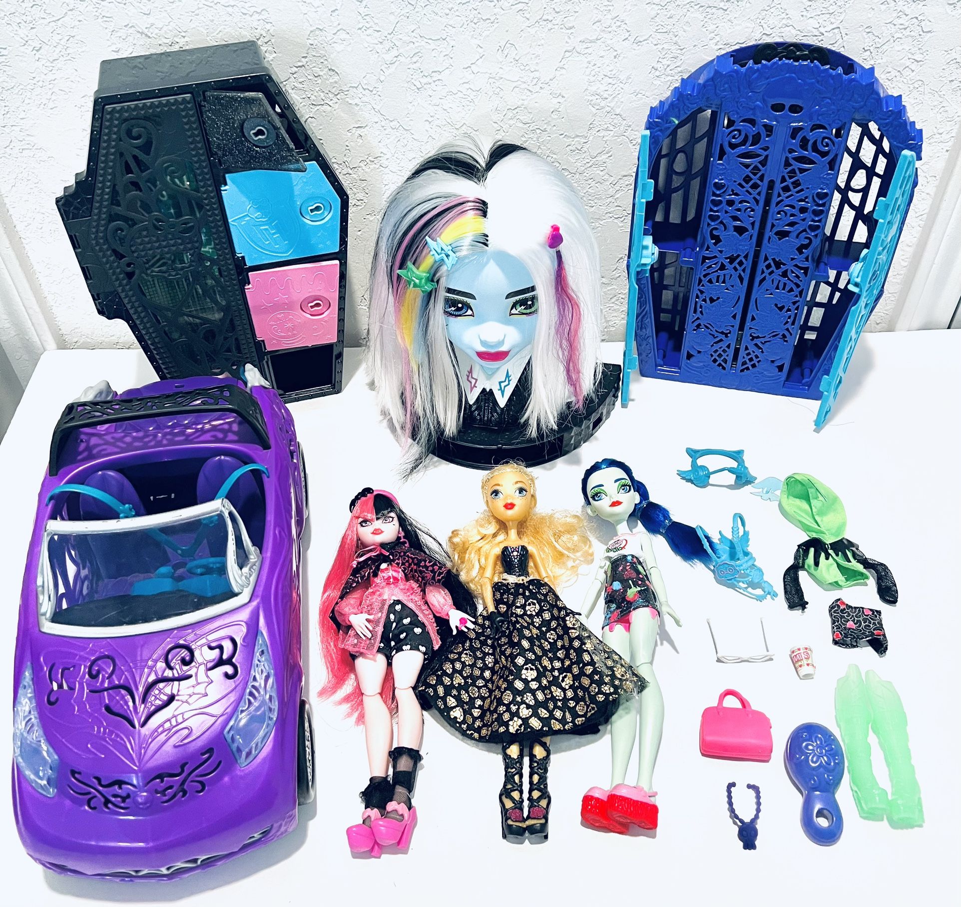 Lot Of Mattel Monster High Mixed of Dolls, Car, Coffin, Doll Head & Accessories