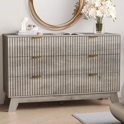 6 Drawer Dresser for Bedroom, Fluted Dressers Chest of Drawers with Gold Handle, Mid Century Modern Dresser for Closet, Wood Closet Storage Organizer 