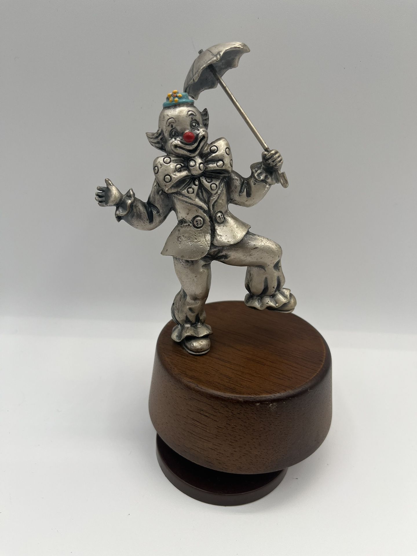 Vintage George Good Pewter Dancing Clown With Umbrella Music Box