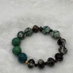 Green Druzy Moss Agate AB Smokey Glass Beads Stretch Bracelet Great Condition Lots Of Stretch Lovely 