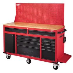 Milwaukee 61 in. 11-Drawer/1-Door 22 in. D Mobile Workbench with Sliding Pegboard Back Wall