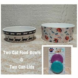 TWO CAT FOOD BOWLS & TWO CAN LIDS