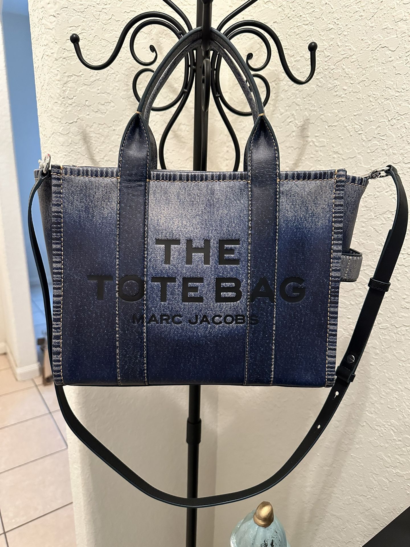 Medium Denim Print Leather Tote Bag