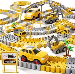 Construction Race Track Toy Set – 2 Electric Cars, 4 Construction Trucks & DIY Track for Kids Ages 2–6