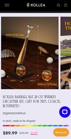 Baseball Bat 20 Oz Whiskey Decanter Set