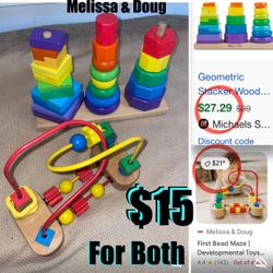 $15 For both Wooden Educational Toys Geometric stacker and Beads Maze great for motor skills