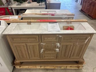 Home Decorators Collection Doveton 60 in. Double Sink Freestanding Weathered Tan Bath Vanity with White Engineered Marble Top (Assembled) Retail price