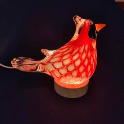 Large Art Glass Cardinal with White LED Light Base