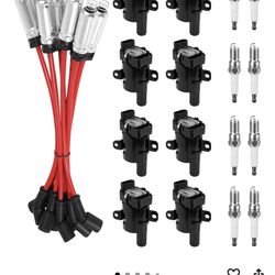 8Pcs UF262 Round Ignition Coils with 9748UU 8mm Spark Plug Wires & 41-962 Platinum Spark Plugs Compatible with Chevy Silverado Suburban Tahoe, GMC Sie