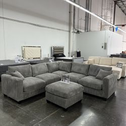 BRAND NEW GREY CORDUROY SECTIONAL SOFA WITH OTTOMAN (NEW IN 3 BOXES)