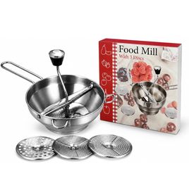 Stainless Steel Food Mill for Tomato Sauce & Canning | Fine, Medium & Coarse Discs Included | Ergonomic Rotary Hand Crank for Applesauce, Mashed Potat