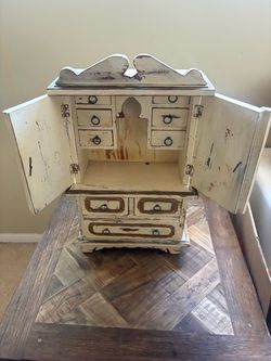 Distressed White Wood Jewelry Armoire