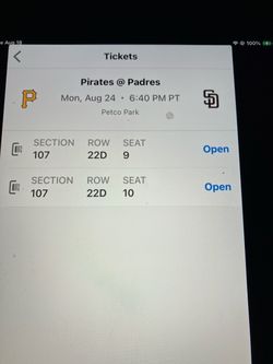 2 PADRES/PIRATES TICKETS, MONDAY, 8/24, SEC 107, ROW 22D