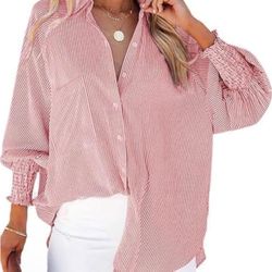 L size Women's Casual Button-Down Blouse Smocked Cuffed Striped Long Sleeve Shirt Lantern Sleeve Design(pls choose red or green)
