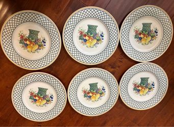 Villeroy & Boch Basket Green Mettlach Mark 10.25” Dinner Plates Lot of 6