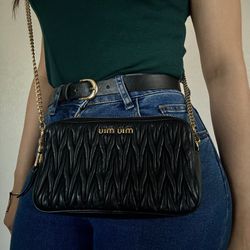Authentic MIU MIU Matelasse Leather Gather Chain Shoulder Bag Black
